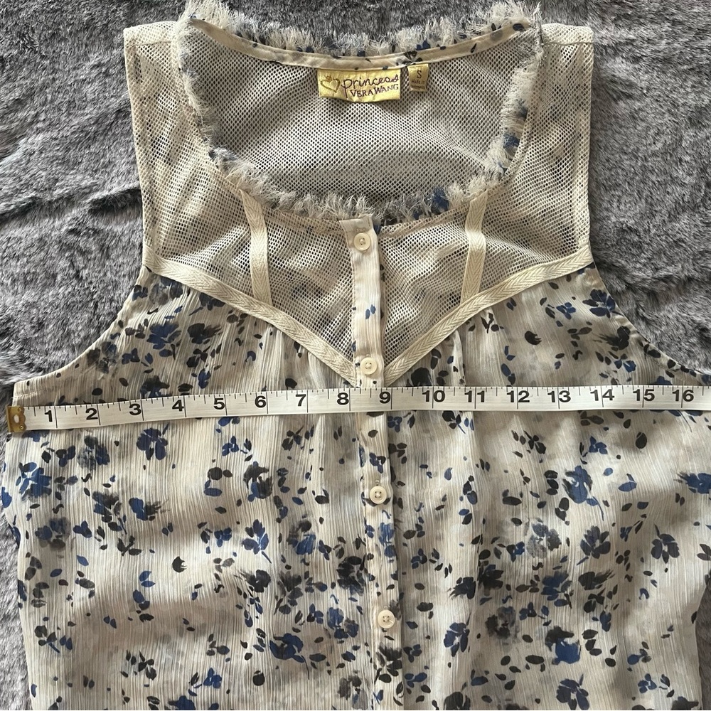Princess Vera Wang Sheer Button-Front Sleeveless Top Small Cream & Blue Floral - Picture 13 of 13